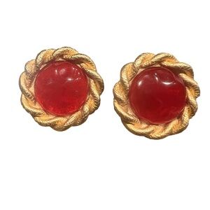 Vintage Ann Taylor Red Poured Glass and Gold Tone Clip Earrings-worn